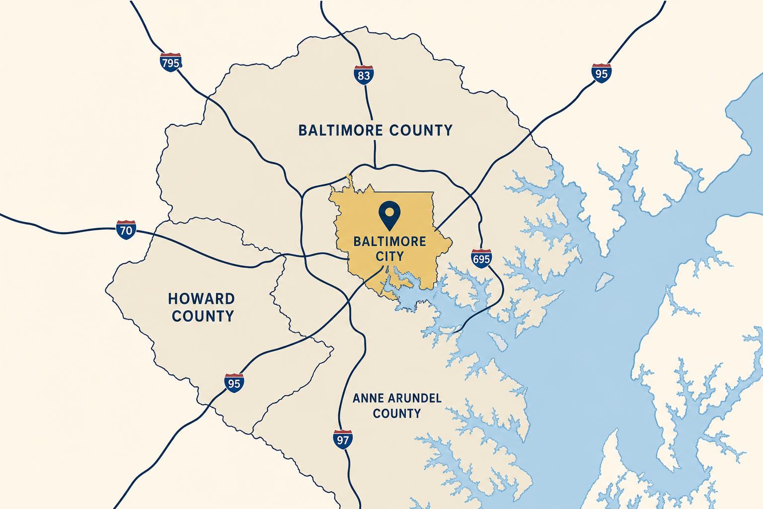 Velaré Logistics service area covering Baltimore City, Baltimore County, Howard County, and Anne Arundel County, Maryland